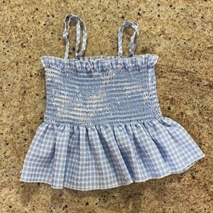 Blue and white checkered ruffled crop top